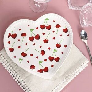 Heart-Shaped Cherry Ceramic Serving Plate - White with Red Cherries